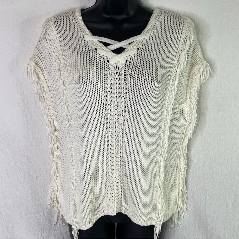 pq LA Open Knit Fringe Trim Lace Up Poncho Sweater Ivory M